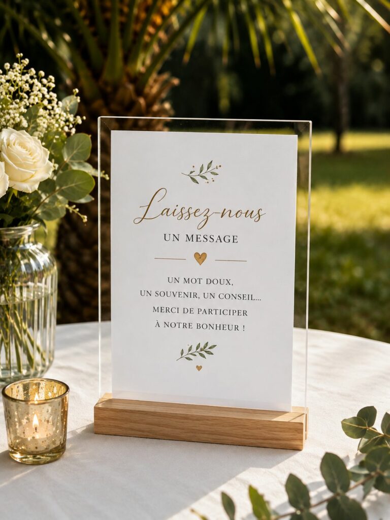 Porte-message en acrylique transparent avec socle en bois